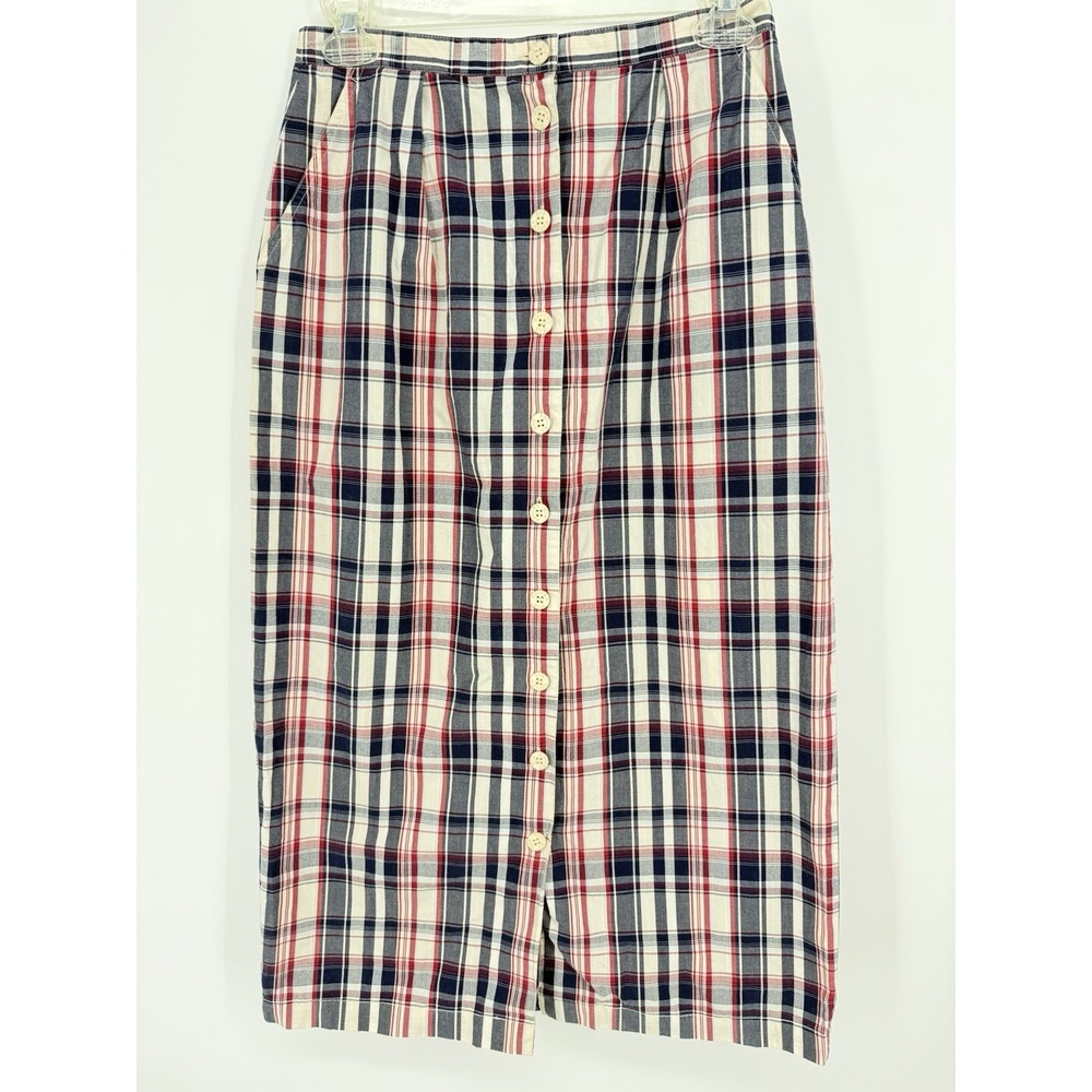 Vtg The Eagles Eye Main Line Plaid Button Front Midi Skirt Tartan Pleated Pocket